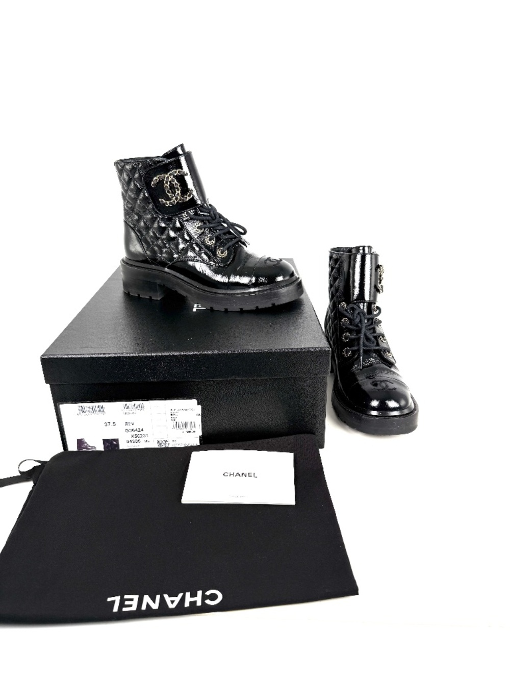 CHANEL Cap Toe CC Black Quilted Block Heel Combat Ankle Boots 37.5, 7